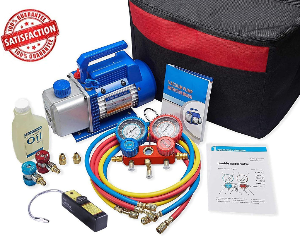 4CFM 1/3HP Air Vacuum Pump HVAC A/C Refrigeration Tool Kit with Leak Detector, Manifold Gauge Set, 3 Hoses K23263
