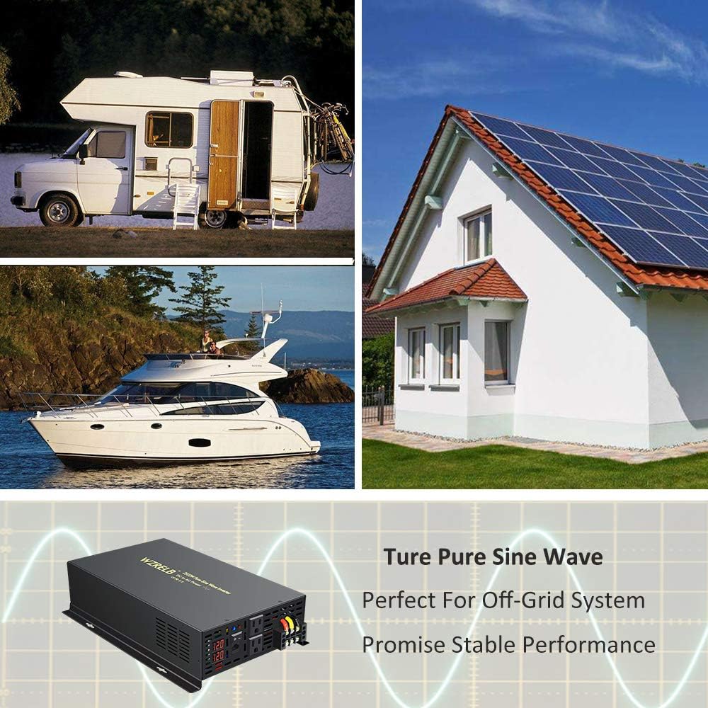 2500W 12VDC 120VAC Pure Sine Wave Power Inverter with 2 AC Outlets Wired Remote Control P52606