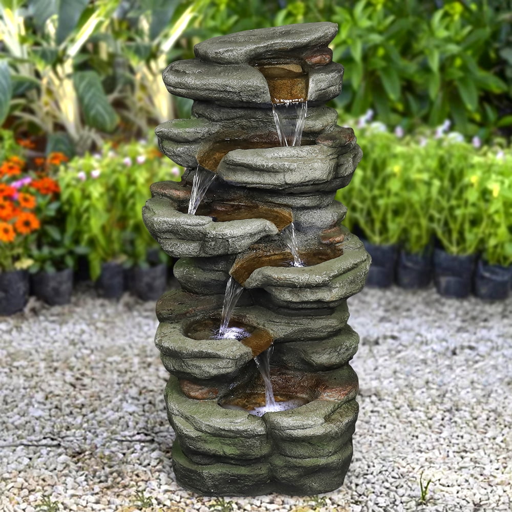 Outdoor 5-Tier Rock Water Fountain with LED Lights T155028
