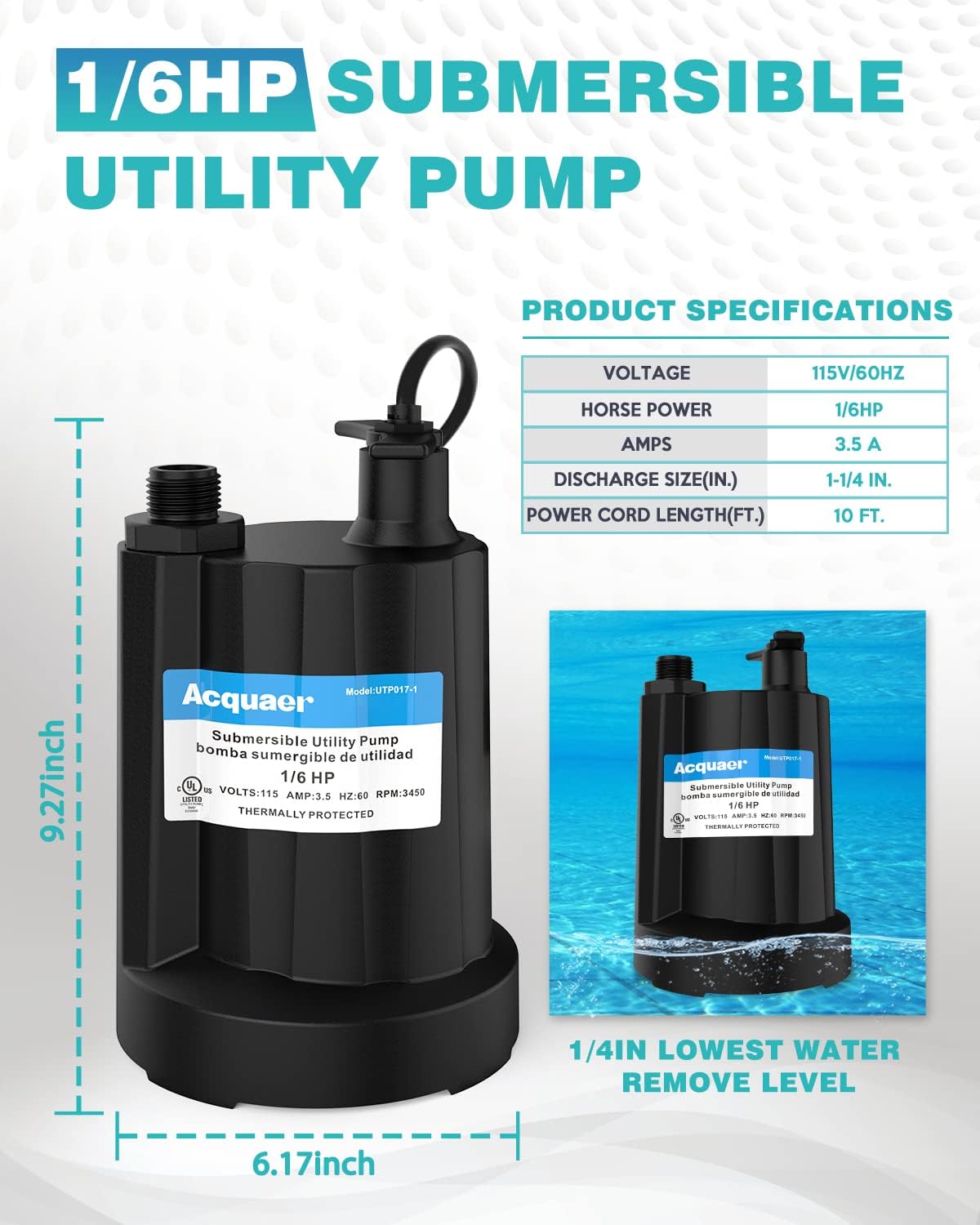Submersible Water Pump 1/6 HP Thermoplastic Utility Pump 1750GPH with 10 ft Cord Pack of 2 X391