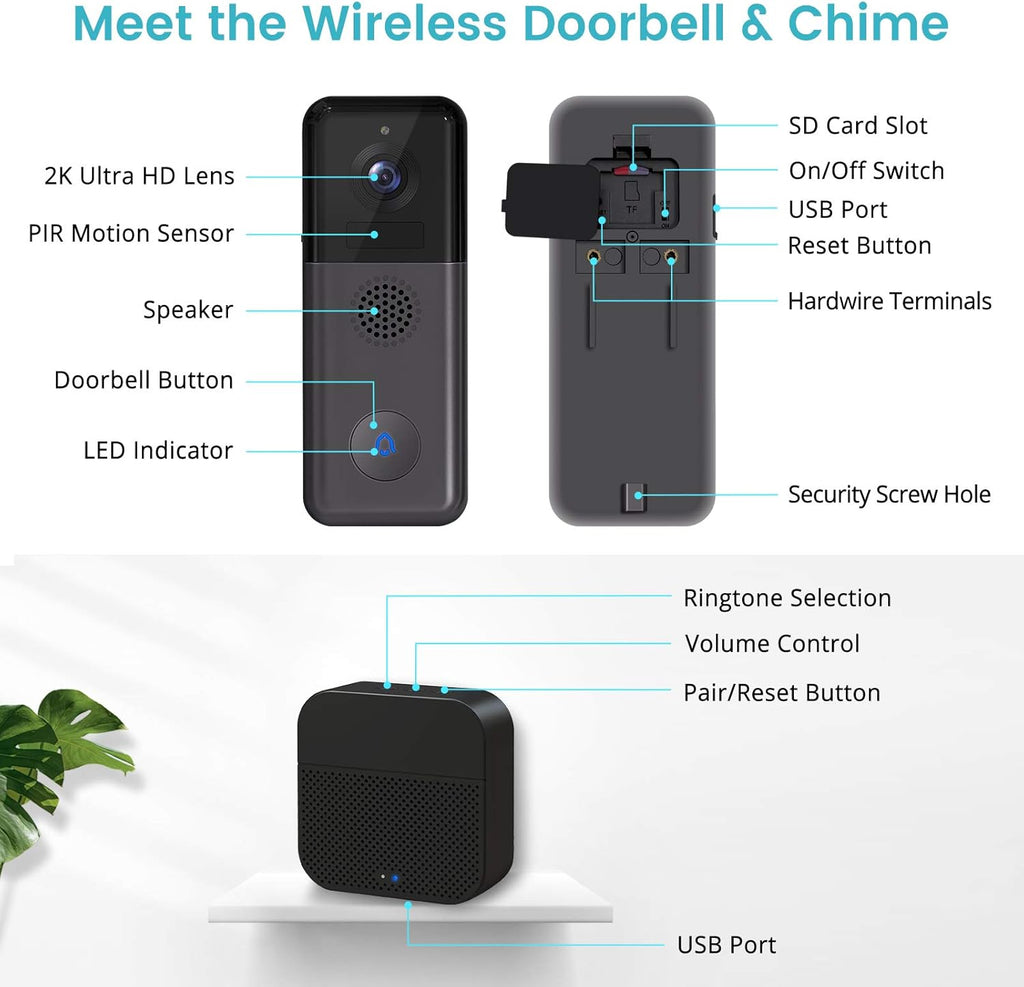 2K Resolution WiFi Video Doorbell Camera with Wireless Chime X466097