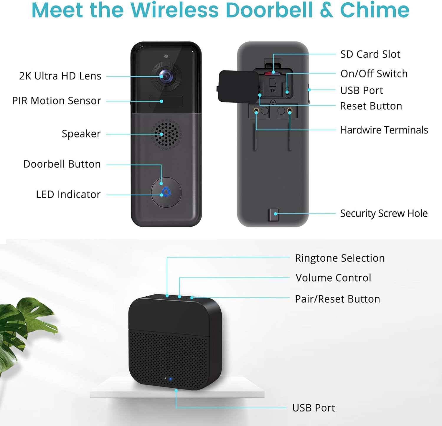2K Resolution WiFi Video Doorbell Camera with Wireless Chime X466097