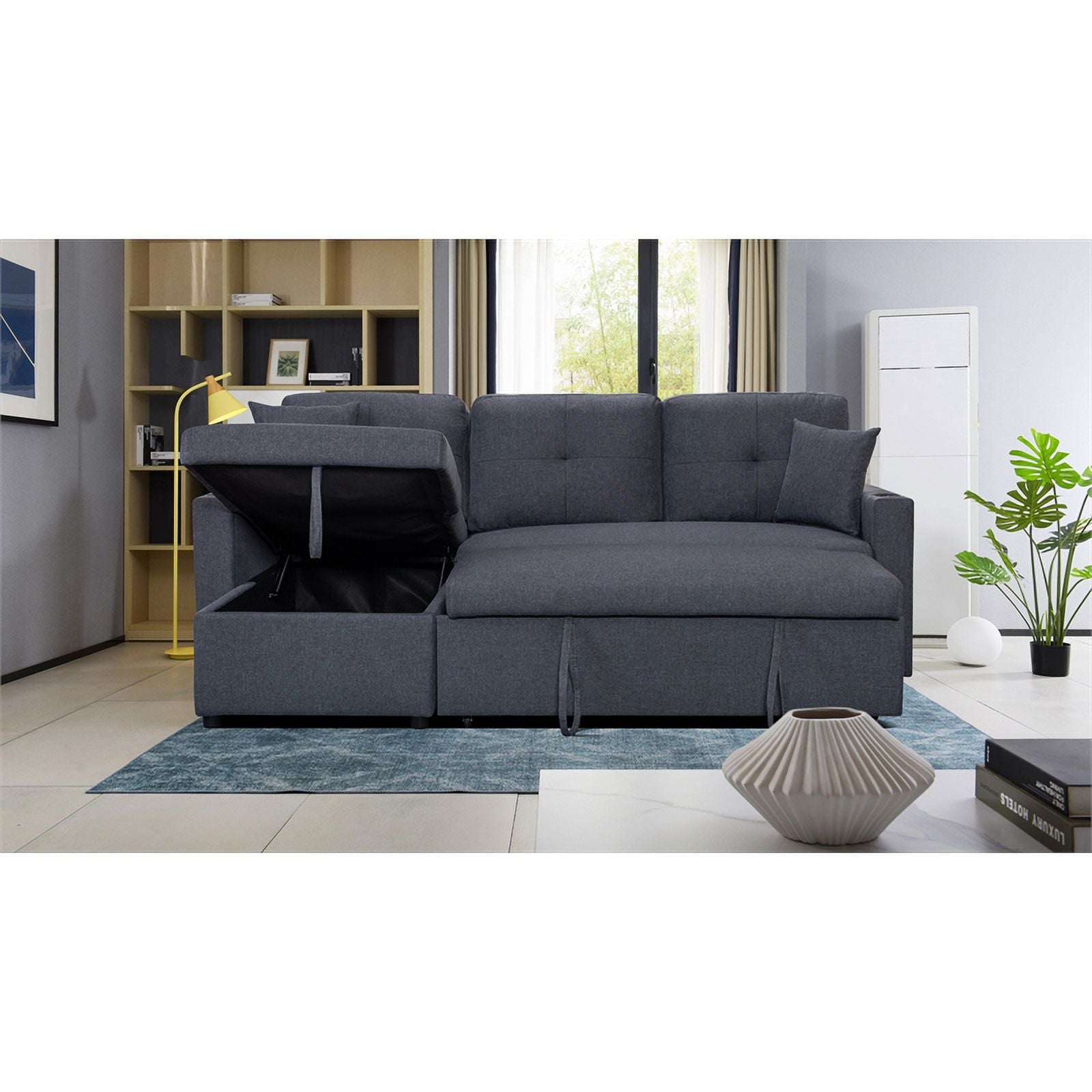 Dark Gray Linen Fabric Reversible Sleeper Sofa Chaise with Cup Holder F263