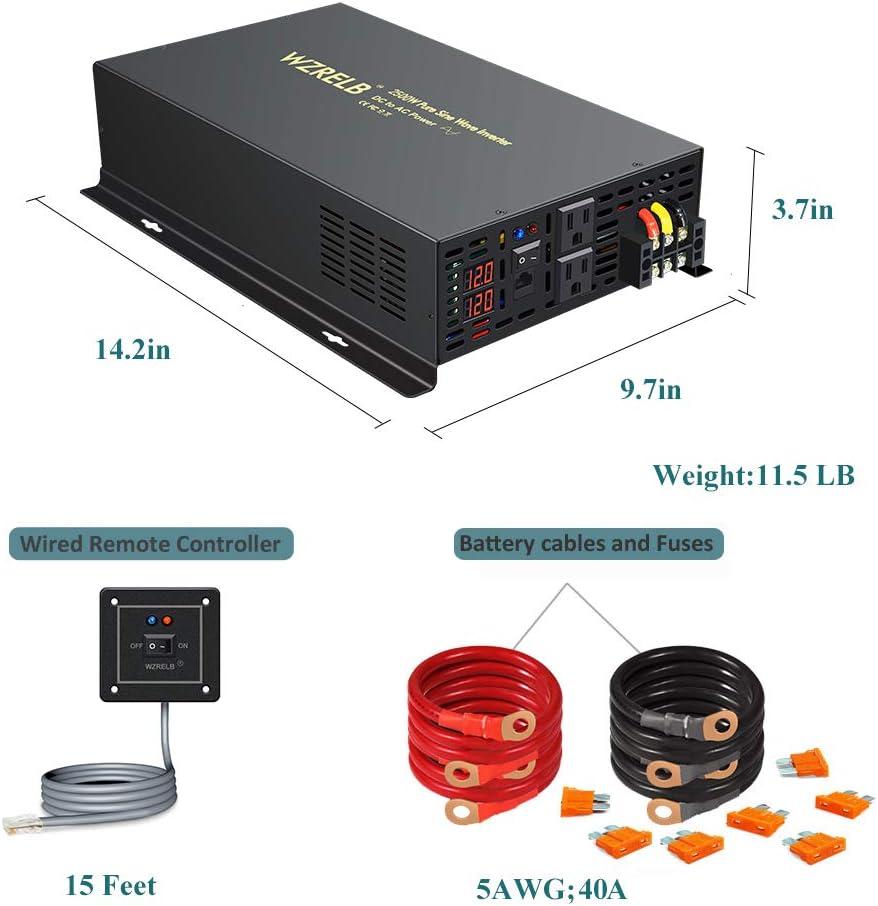 2500W 12VDC 120VAC Pure Sine Wave Power Inverter with 2 AC Outlets Wired Remote Control P52606