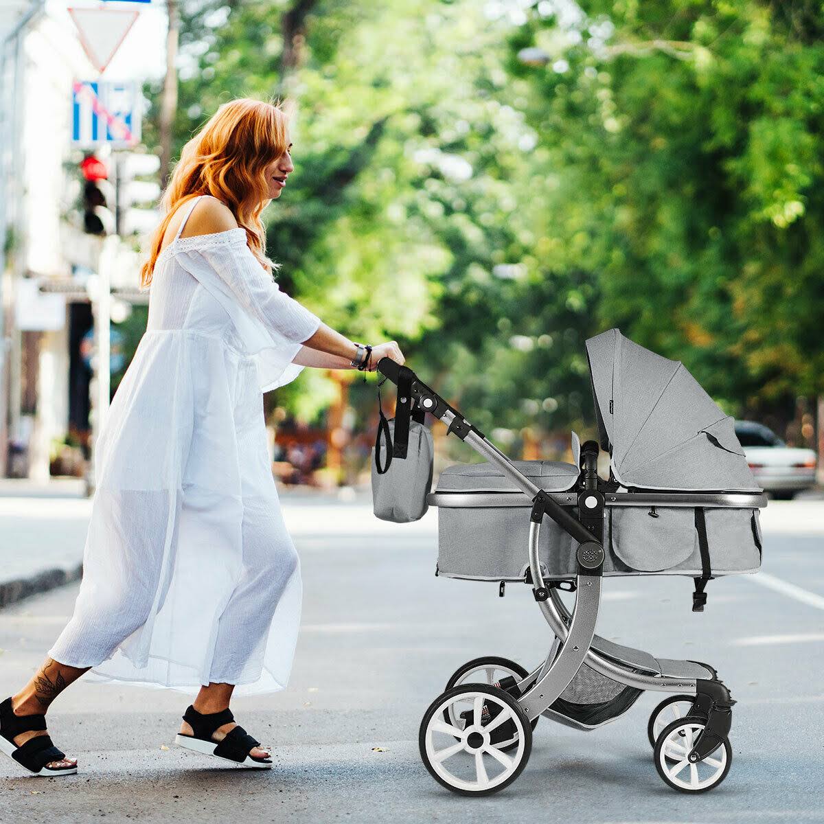 Gray Folding Aluminum Infant Reversible Stroller with Diaper Bag Q27797
