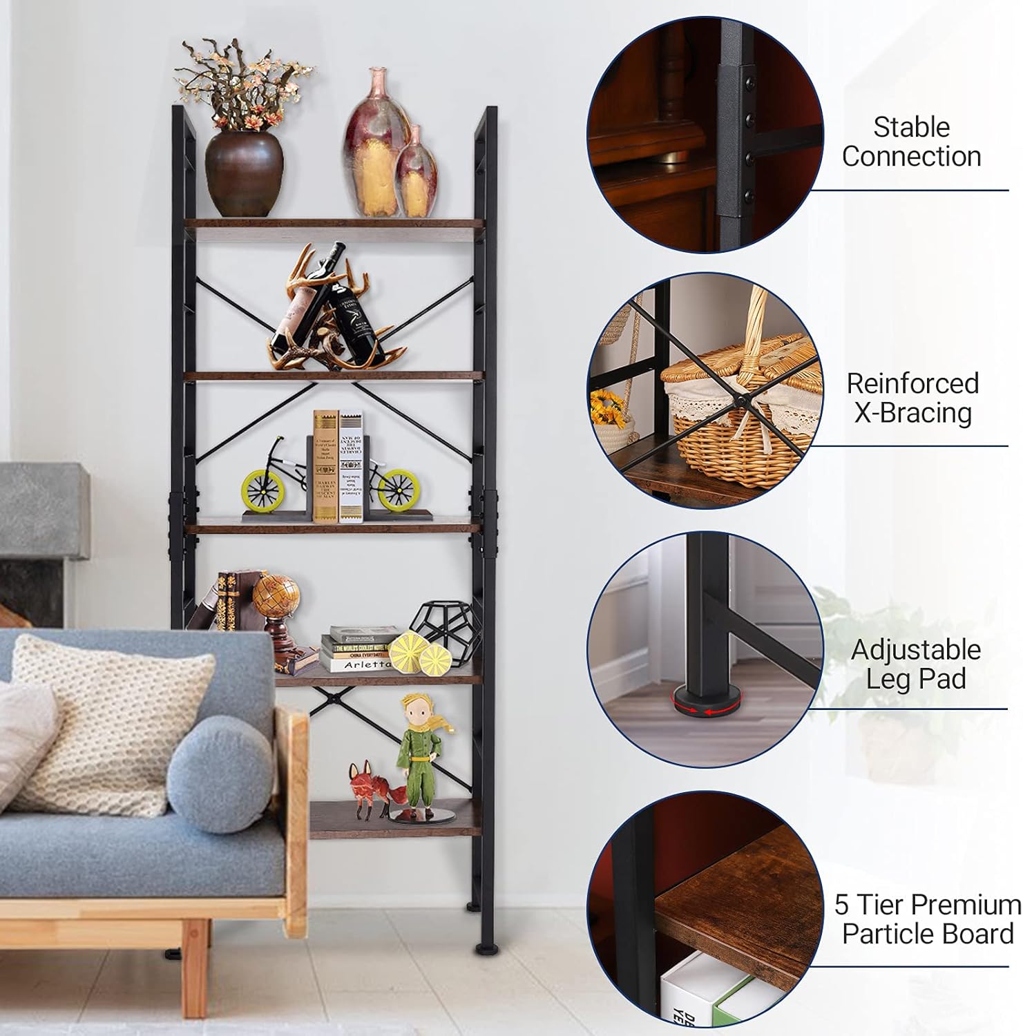 5 Tier Adjustable Metal and Wood Bookshelf W550