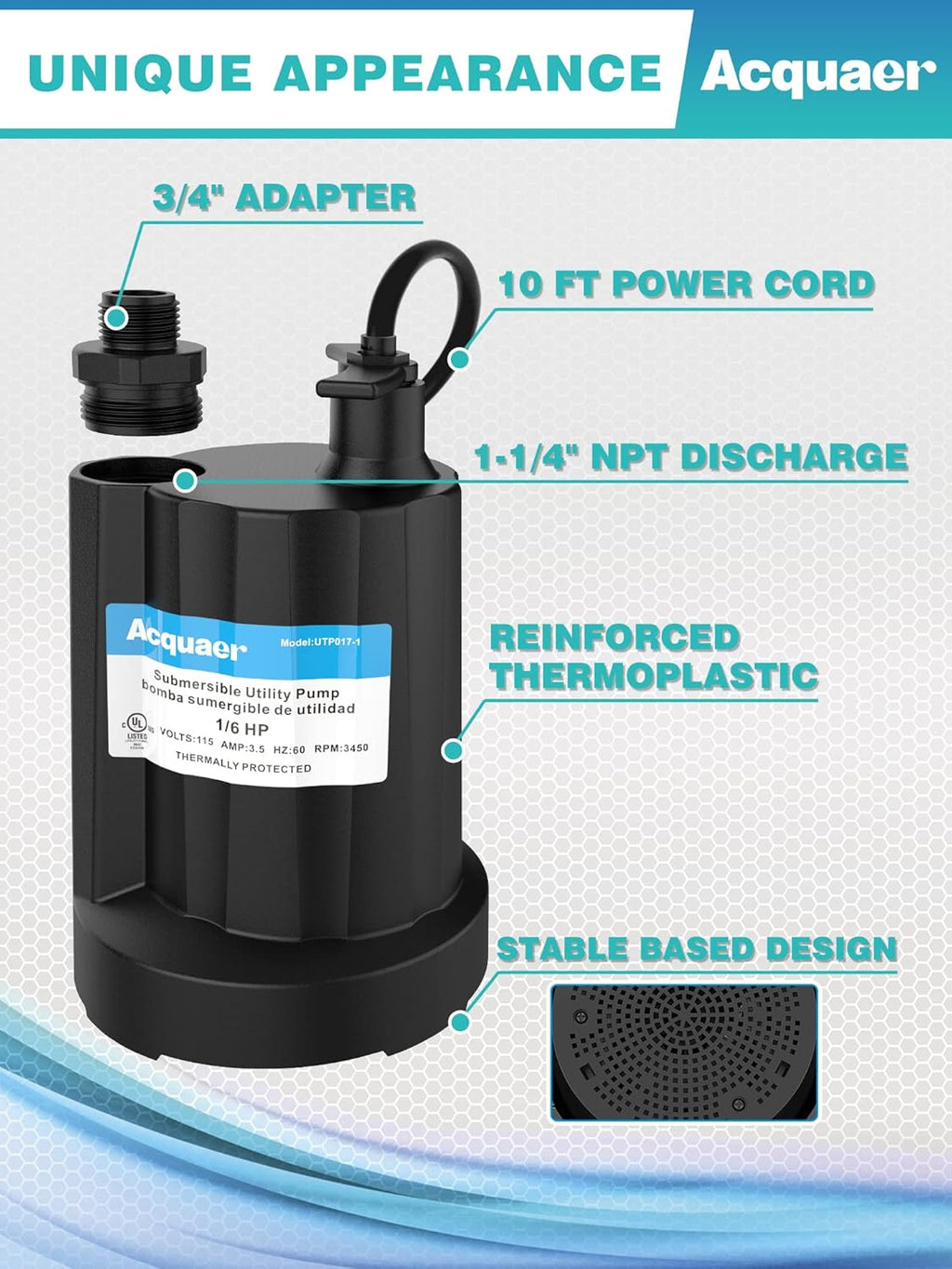 Submersible Water Pump 1/6 HP Thermoplastic Utility Pump 1750GPH with 10 ft Cord Pack of 2 X391