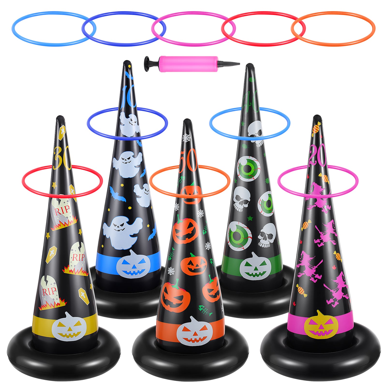 5pcs Inflatable Halloween Witch Hat Ring Toss Game Party Supplies with Plastic Rings Air Pump R5208