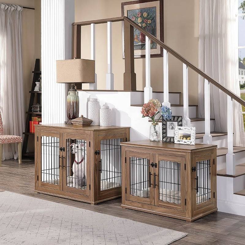 Wooden End Table with Wire Dog Kennel in Weathered Gray, Medium D280863