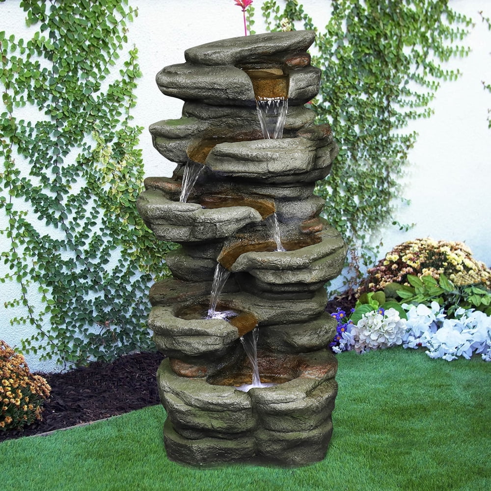 Outdoor 5-Tier Rock Water Fountain with LED Lights T155028