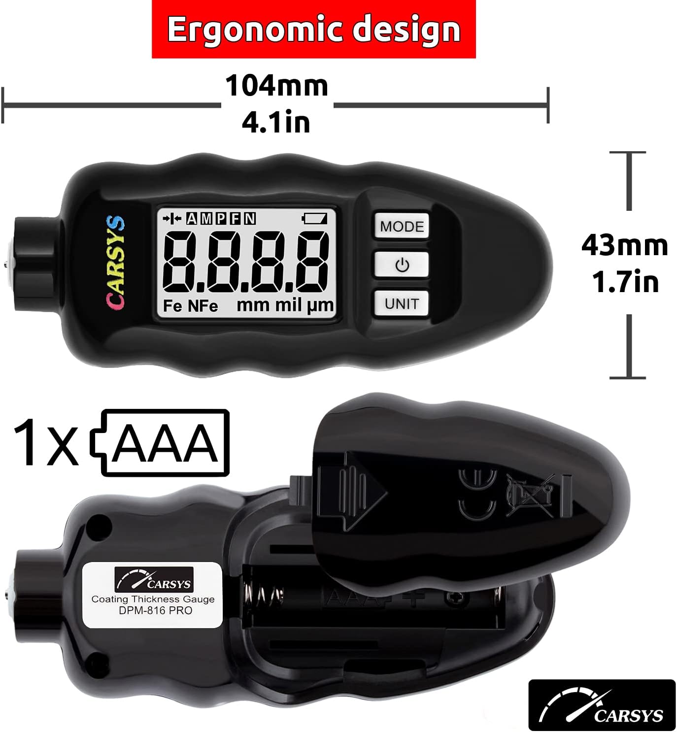 Coating Thickness Gauge Paint Meter, Range 0-137 mils, Ferrous, Non-Ferrous, LCD with Backlight, Precision Probe D45836