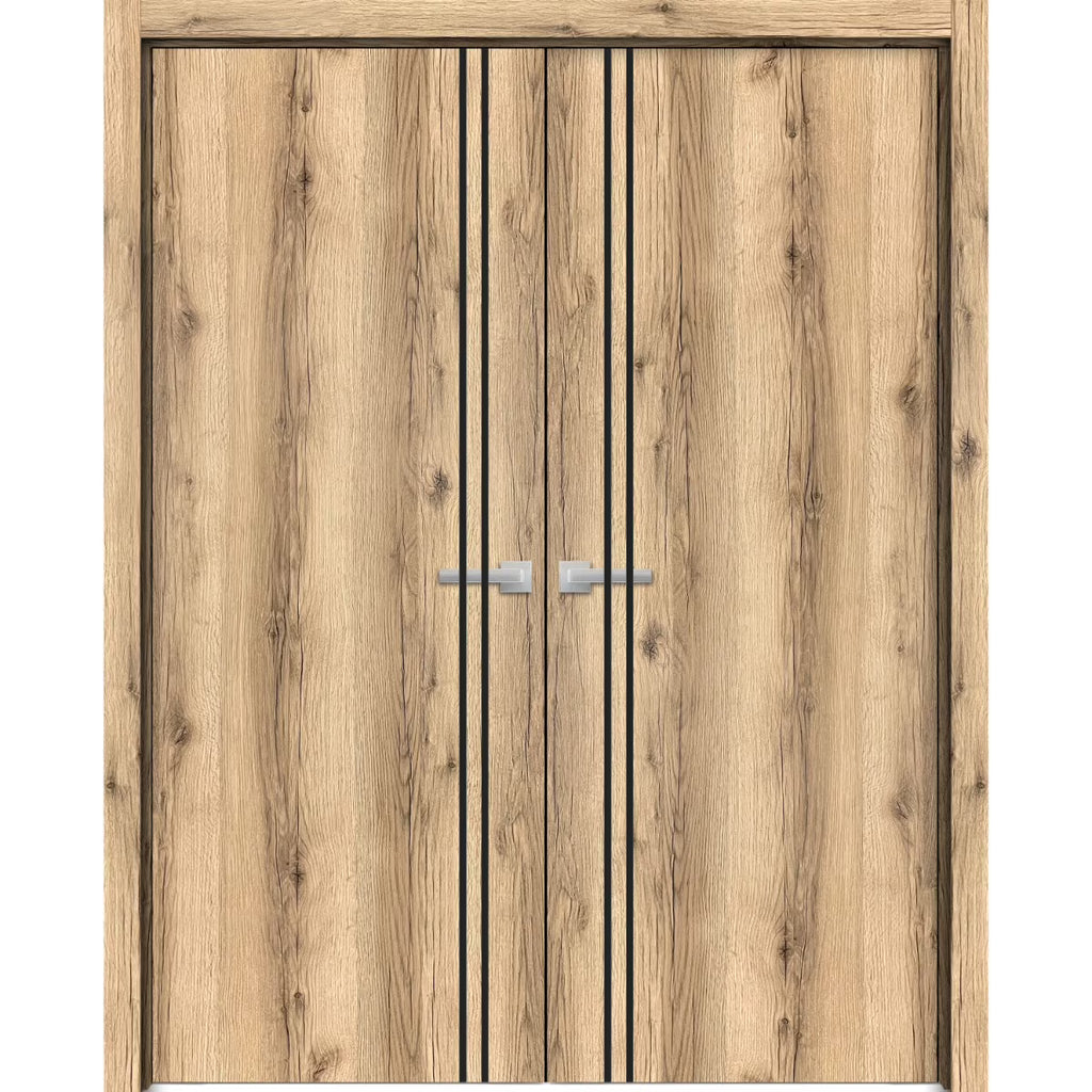 Solid French Double Doors 48 x 84 inches Oak with Frosted Glass Wood Solid Panel Frame Trims Y9746