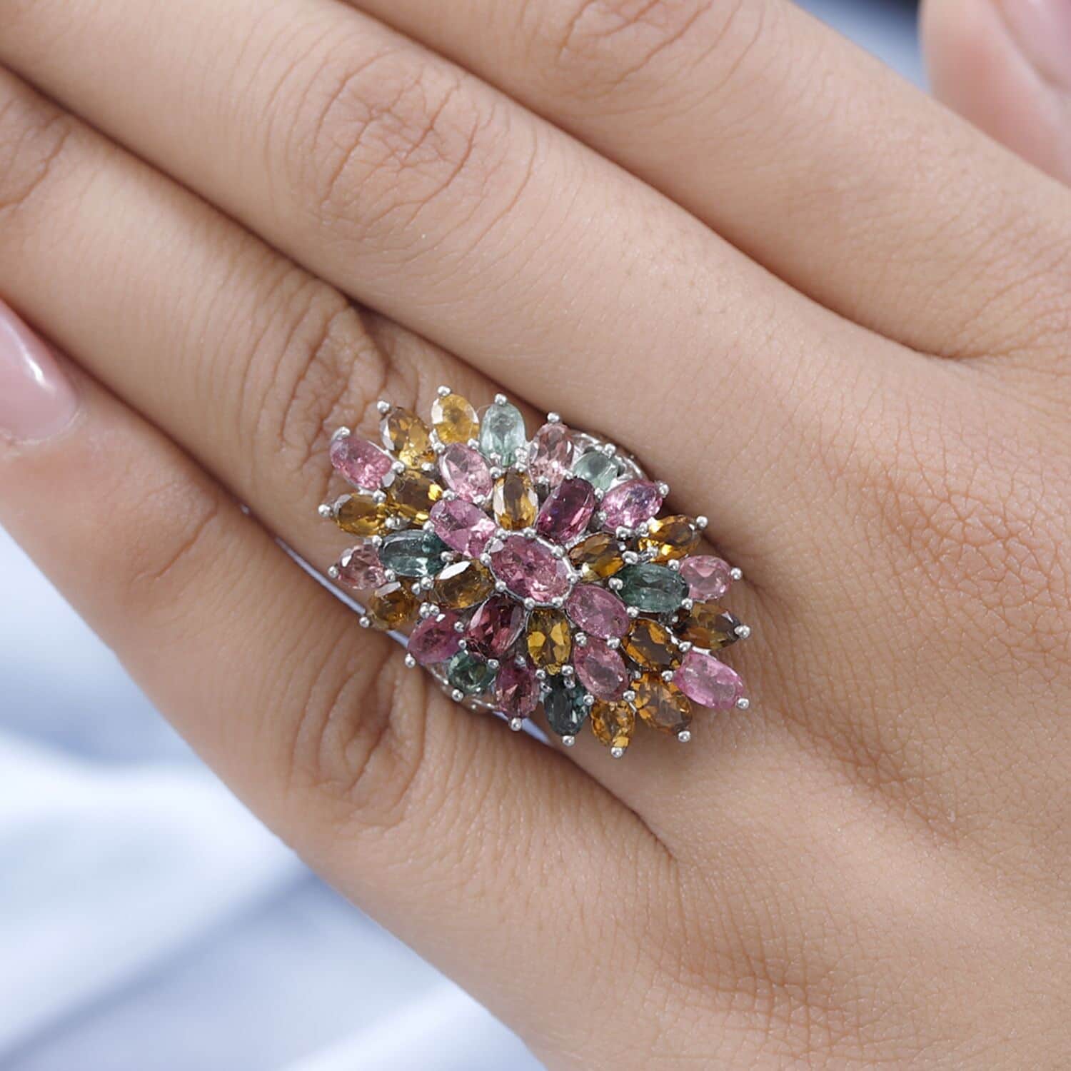 Multi-Tourmaline Oval 925 Sterling Silver Platinum Plated Cluster Ring Size 10 Ct 6.28 R3975