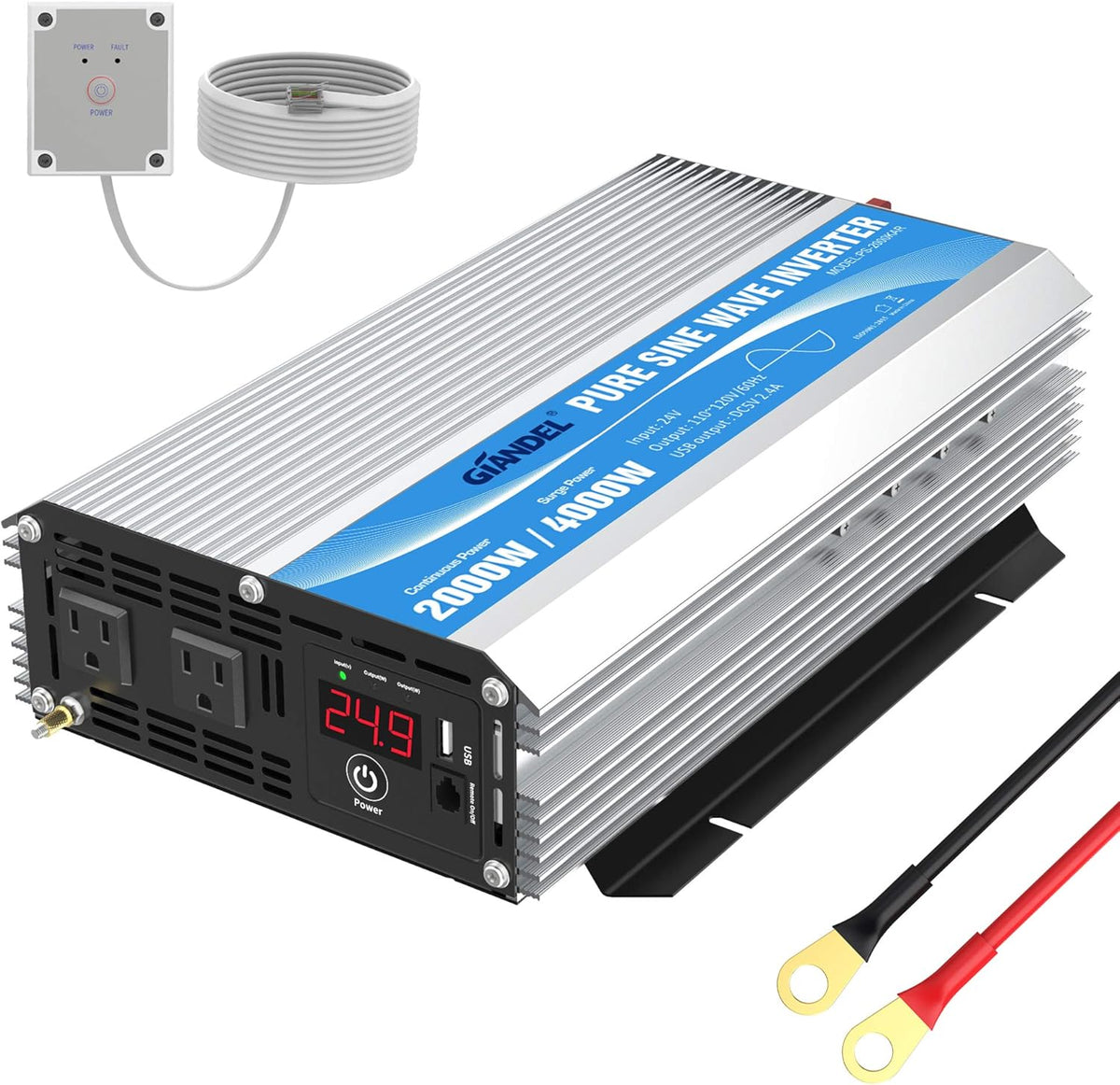 24 Volt 2000W Pure Sine Wave Power Inverter DC 24V to AC120V with Dual AC Outlets Remote Control 2.4A USB LED Display Y706494