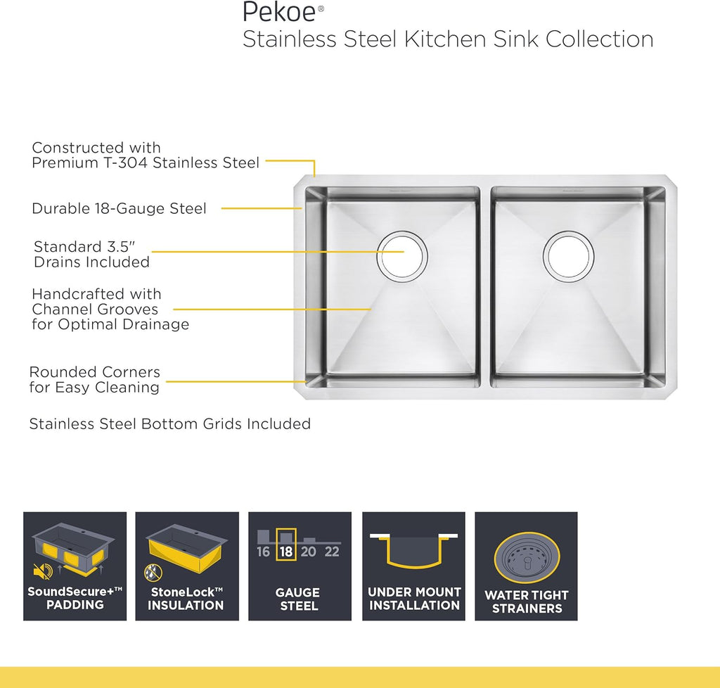 Stainless Steel Undermount Double Bowl Kitchen Sink with Drain and Bottom Grid E907