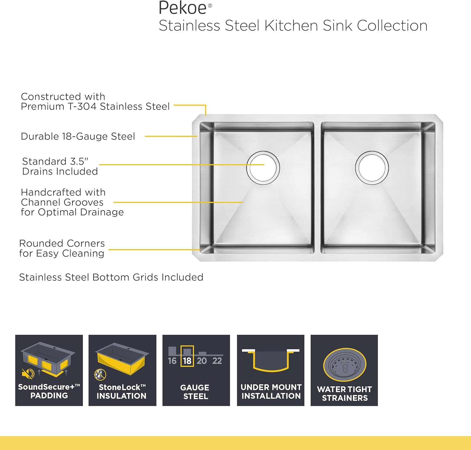 Stainless Steel Undermount Double Bowl Kitchen Sink with Drain and Bottom Grid E907
