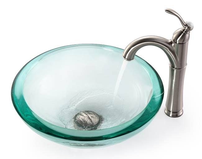 Glass Circular Vessel Bathroom Sink with Faucet, Satin Nickel V4807