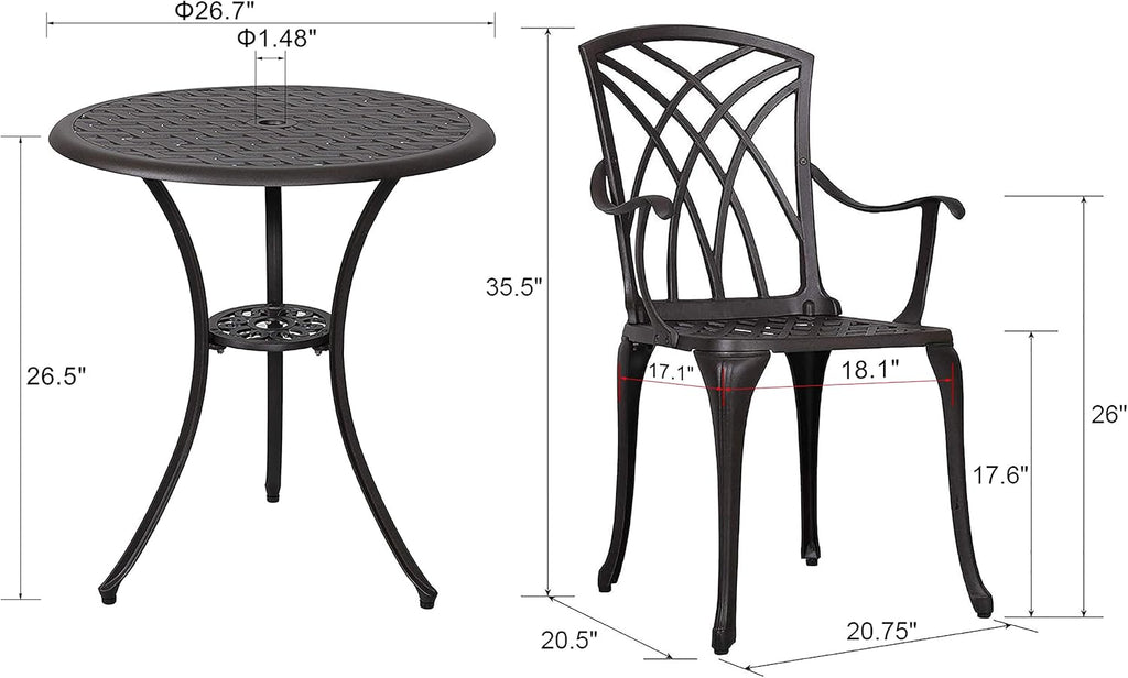3 Piece Cast Aluminum Patio Bistro Table Set with Umbrella Hole O567