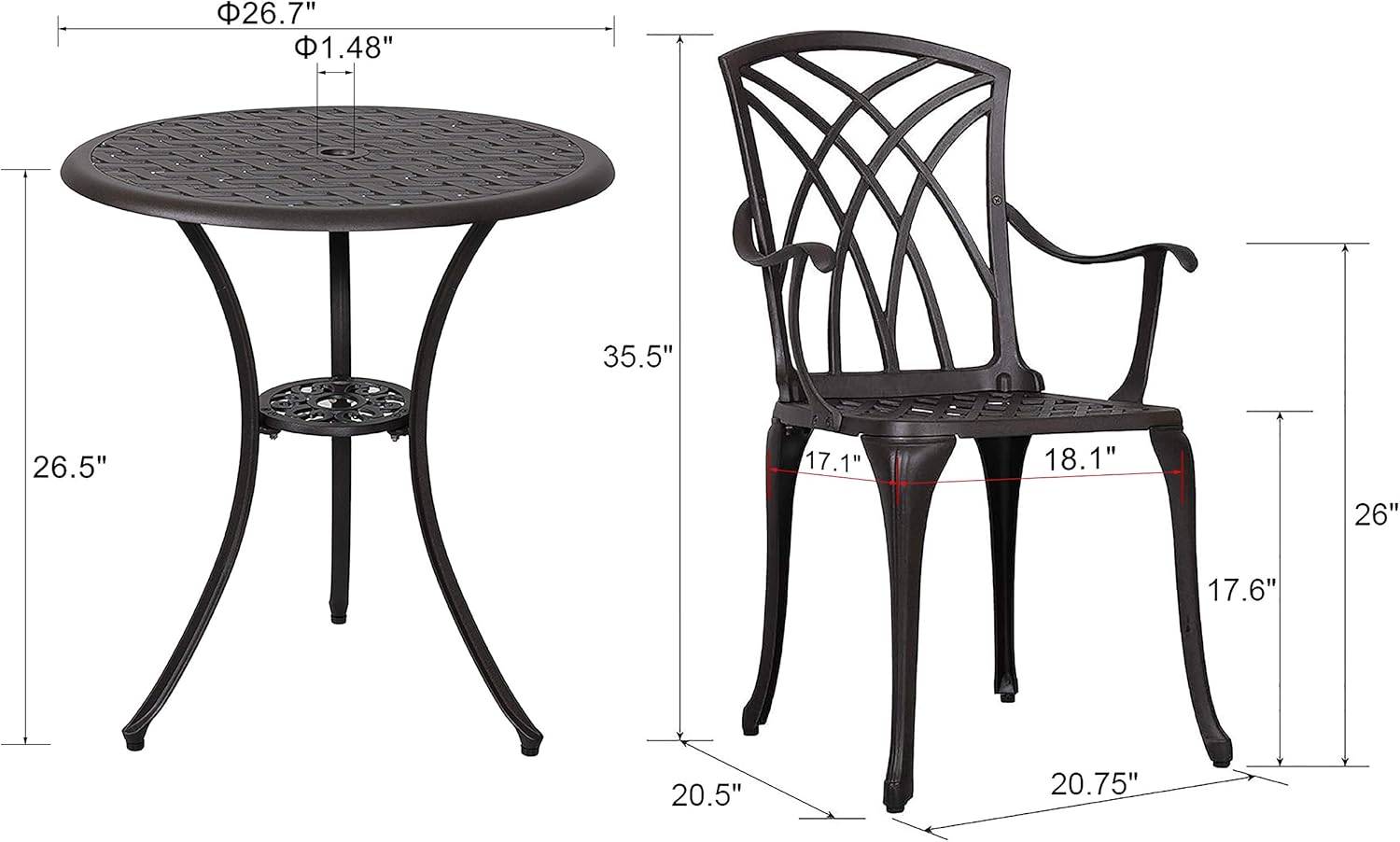 3 Piece Cast Aluminum Patio Bistro Table Set with Umbrella Hole O567