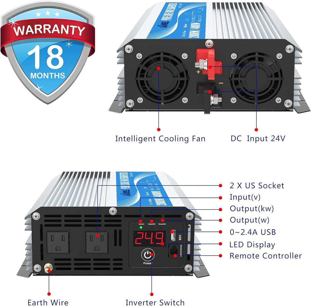 24 Volt 2000W Pure Sine Wave Power Inverter DC 24V to AC120V with Dual AC Outlets Remote Control 2.4A USB LED Display Y706494