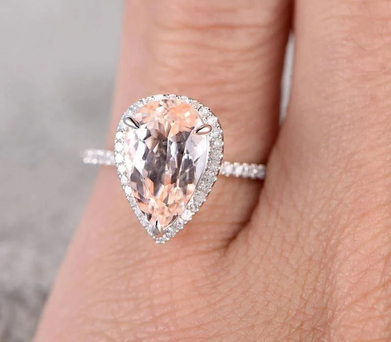 Pear Cut Morganite and Diamond Moissanite Halo Engagement Ring with 18k Gold Plating Q3386