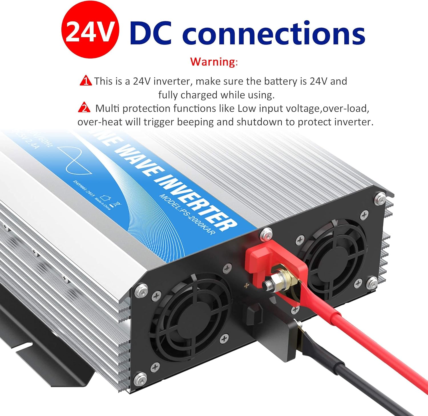 24 Volt 2000W Pure Sine Wave Power Inverter DC 24V to AC120V with Dual AC Outlets Remote Control 2.4A USB LED Display Y706494
