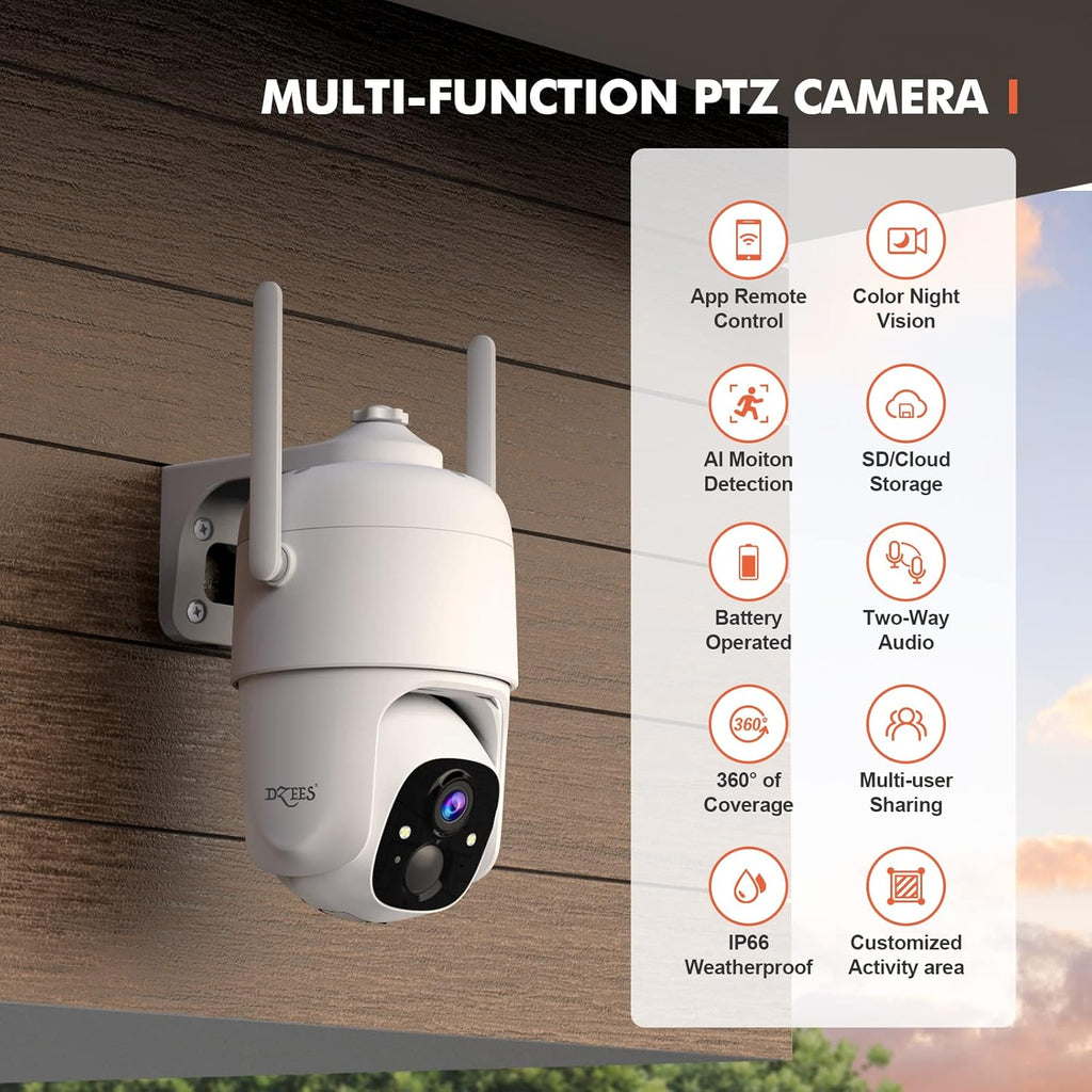 Wireless Security Camera Outdoor WiFi Battery Powered 360° PTZ Color Night Vision IP66 D61415