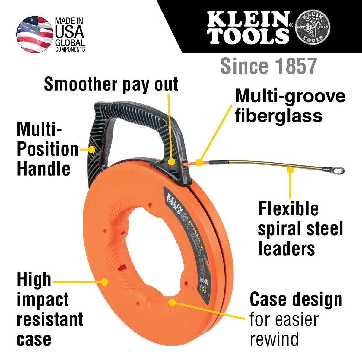 100 ft Multi-Groove Fiberglass Fish Tape with Spiral Steel Leader A34894