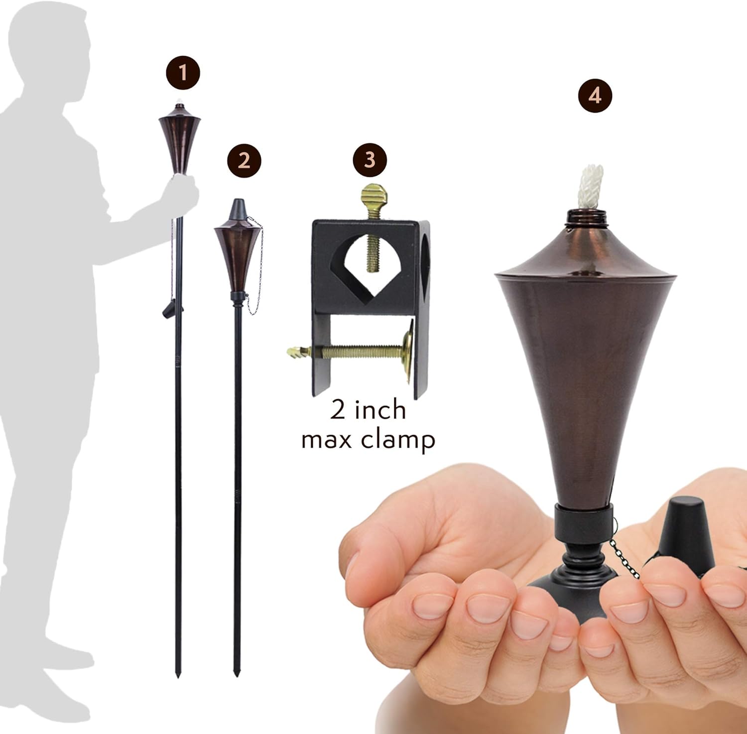 4-in-1 Outdoor Garden Torches with Table Top Stands and Deck Mounts (4-Pack, Caramel) V6639