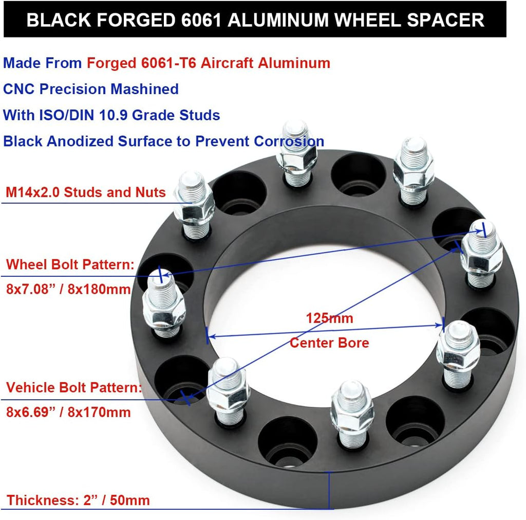 Black Forged 8x170 to 8x180 Wheel Adapters 2 Inch with 14x2 Studs Pack of 4 V65294