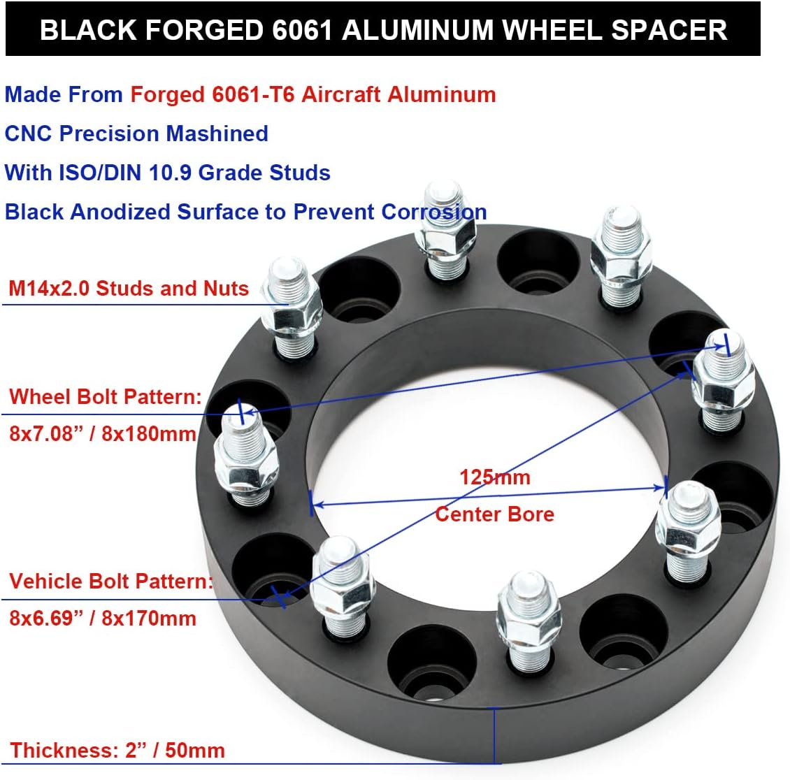 Black Forged 8x170 to 8x180 Wheel Adapters 2 Inch with 14x2 Studs Pack of 4 V65294