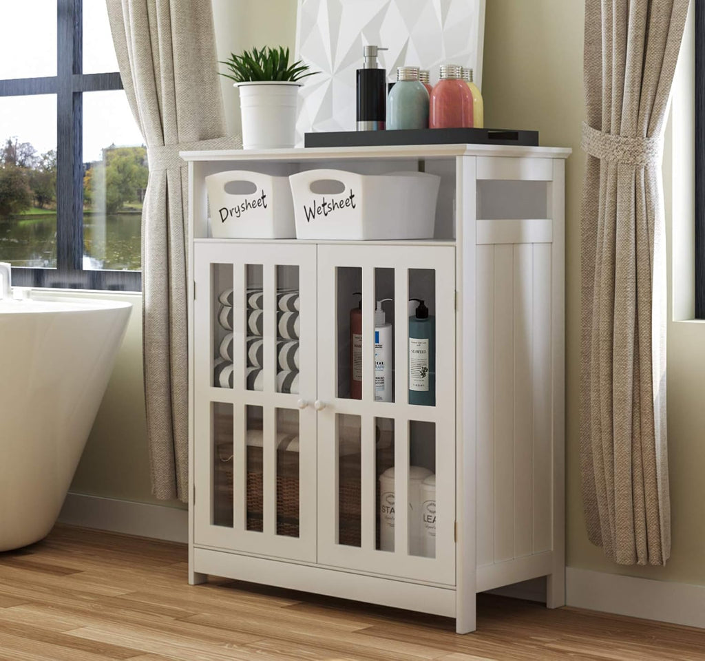 White Utility Storage Cabinet with Tempered Glass Doors and Adjustable Shelf W47751