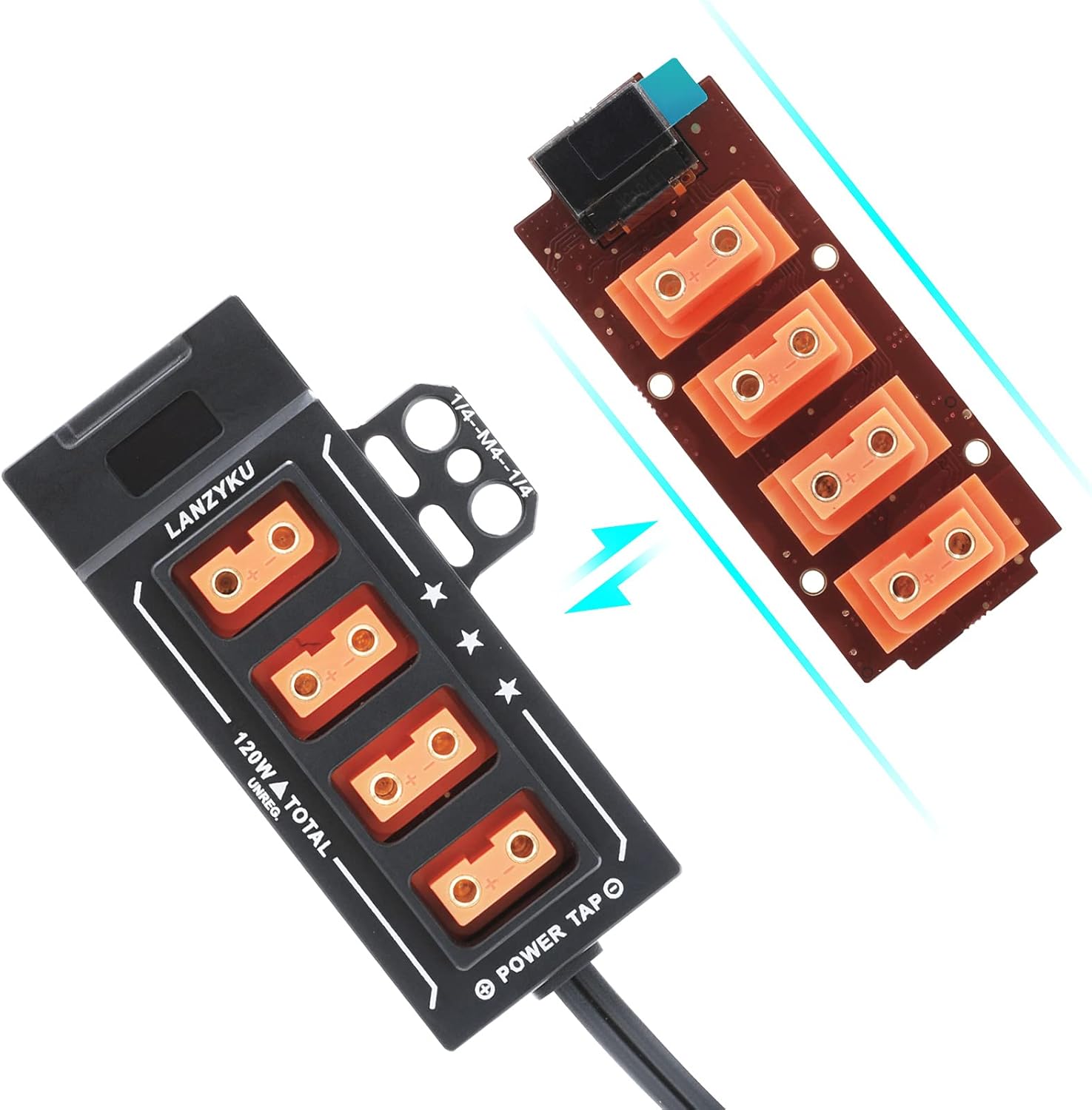 Compact 1x4 P-Tap Splitter with Voltage and Amps Display, Aluminum Alloy, Pack of 2 T7380