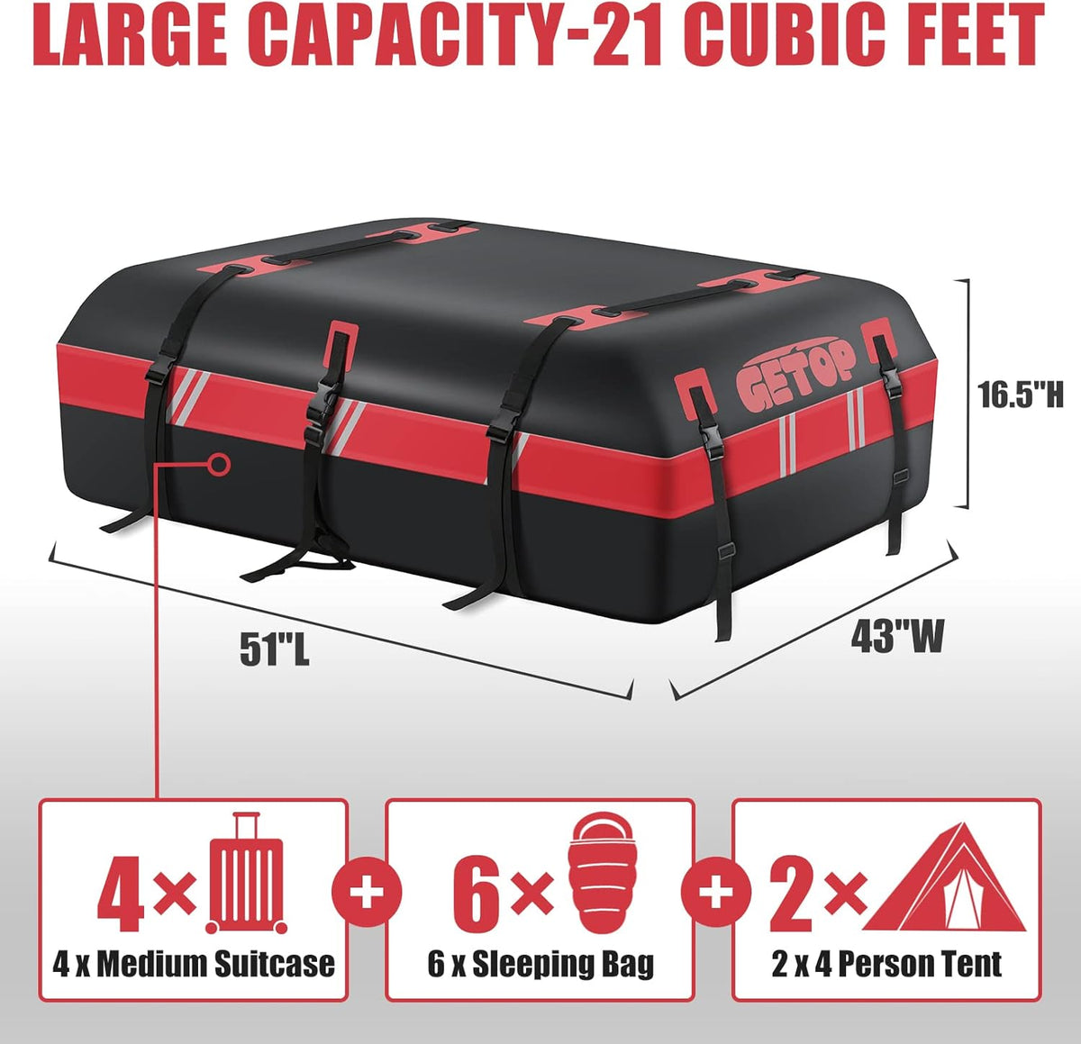 Red Waterproof 21 Cubic Feet Rooftop Cargo Carrier Bag with Non-Slip Mat C511363