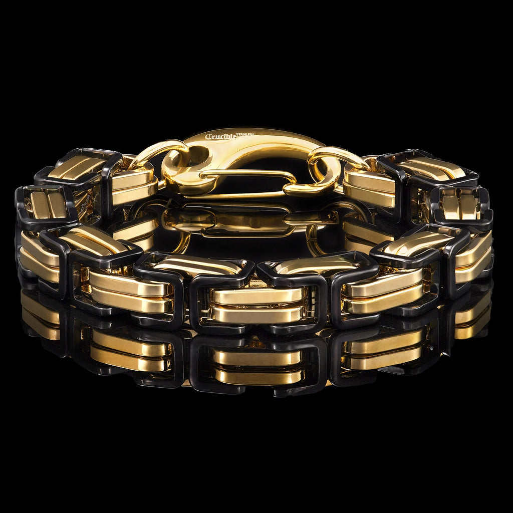 Black and Gold Plated Stainless Steel Byzantine Chain Bracelet P4432