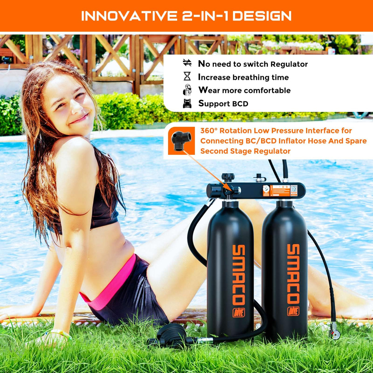 Mini Scuba Diving Tank 1.9L Double Scuba Tank Reusable Small Pony Bottle with 30-45 Mins Portable Twin Diving Air Tank Kit Diving Oxygen Cylinder P3570