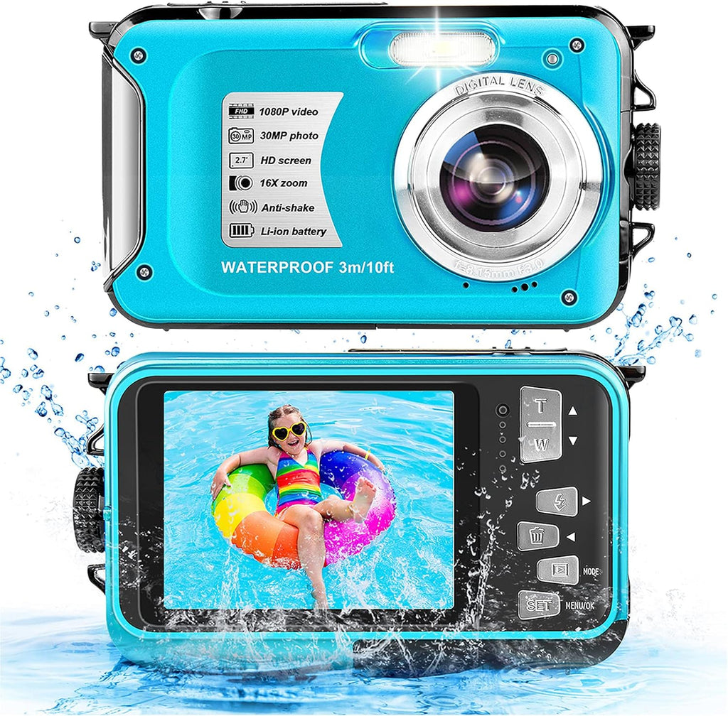 Waterproof Camera 1080P Full HD 30MP Underwater Camera 10FT Anti-Shake 16X Zoom Digital Waterproof Camera Blue B212438