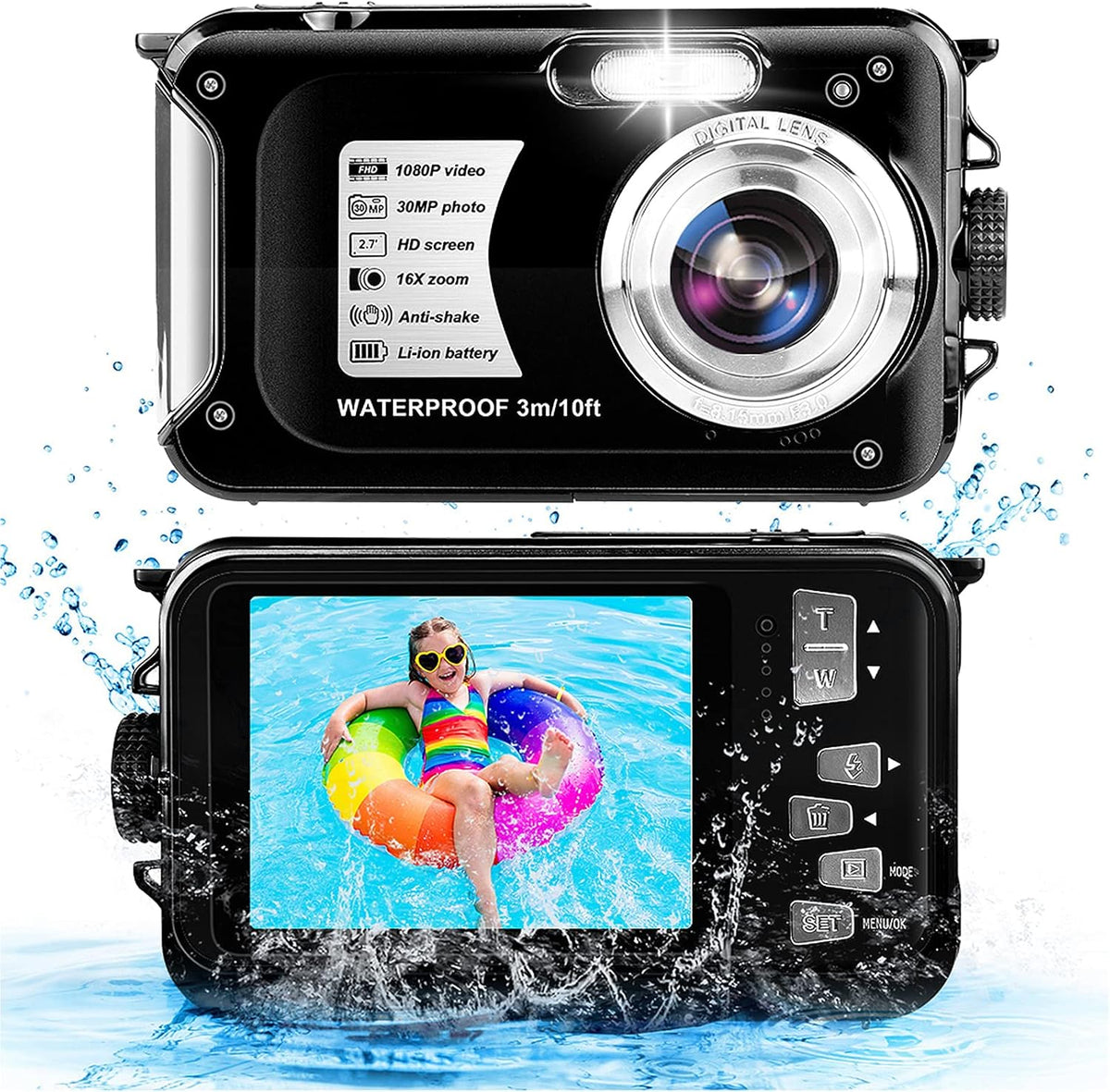 Waterproof Camera 1080P Full HD 30MP Underwater Camera 10FT Anti-Shake 16X Zoom Digital Waterproof Camera Blue B212438