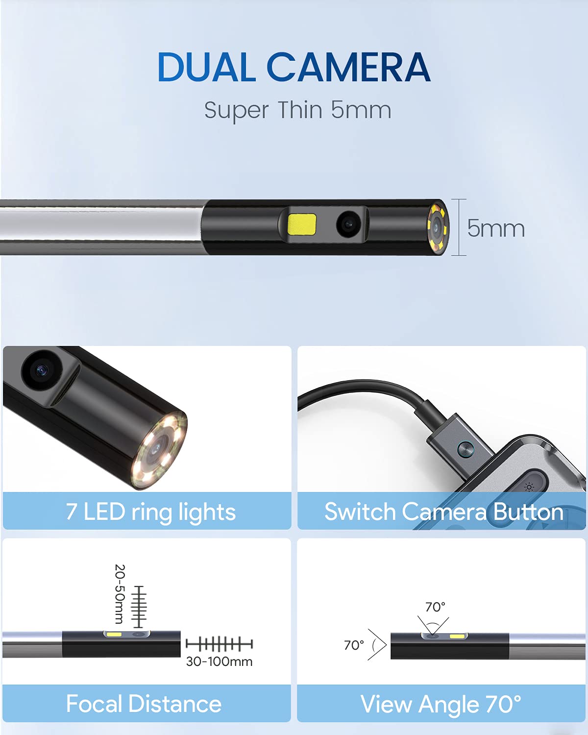 Dual Lens Borescope with LED Light, 5 IPS Screen, 16.4 Flexible Cable G128