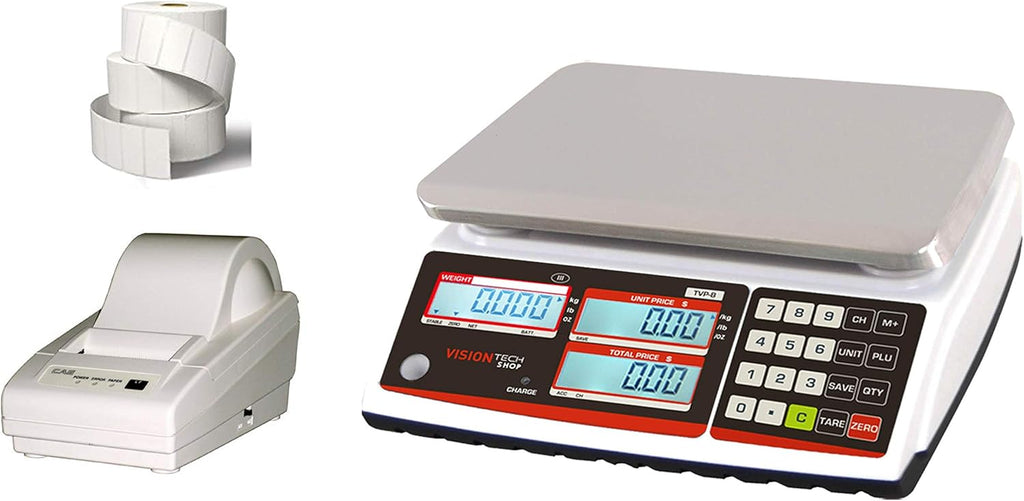 Price Computing Scale with Pole Display, 12lb Capacity, 0.002lb Readability, Thermal Label Printer, 1 Case of Labels Z915522