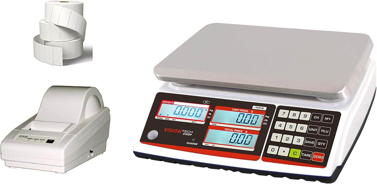 Price Computing Scale with Pole Display, 12lb Capacity, 0.002lb Readability, Thermal Label Printer, 1 Case of Labels Z915522