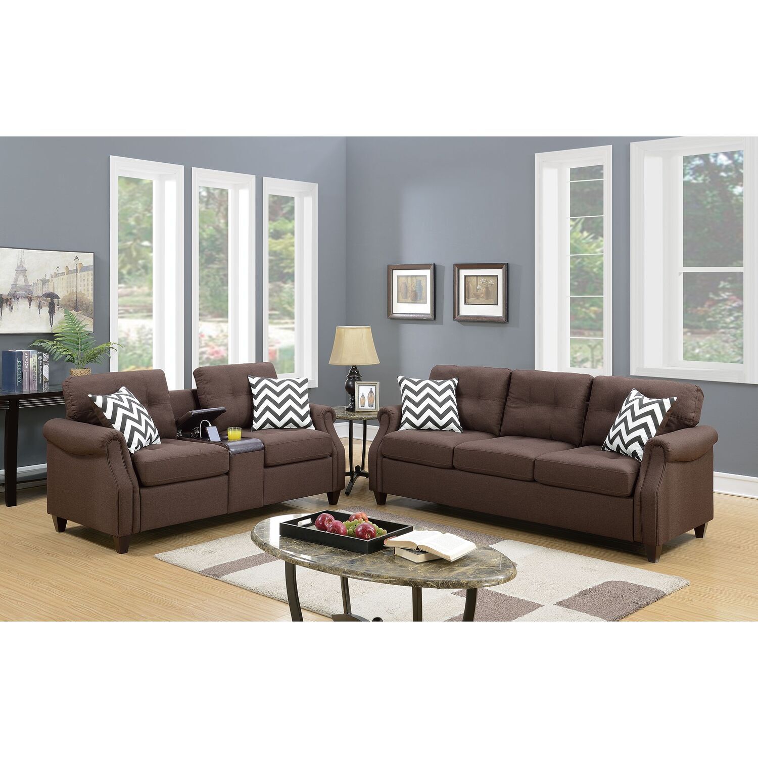 2 Piece Fabric Sofa Set in Dark Coffee D2073