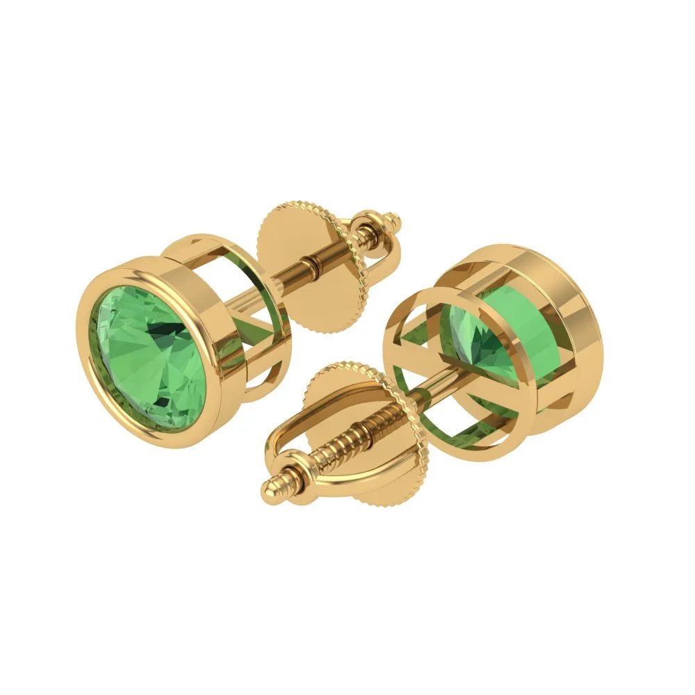 Yellow Gold Solitaire Stud Earrings, 2 Ct Round Cut Simulated Green Diamond, 14K, Screw Back U17762
