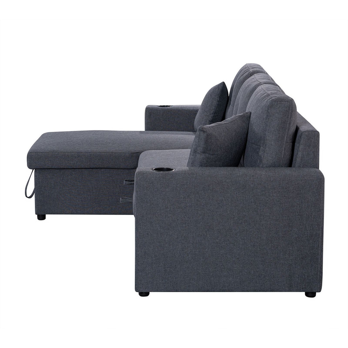 Dark Gray Linen Fabric Reversible Sleeper Sofa Chaise with Cup Holder F263
