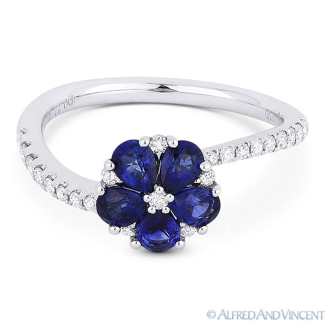 18k White Gold Sapphire Cluster Diamond Pave Flower Ring N786