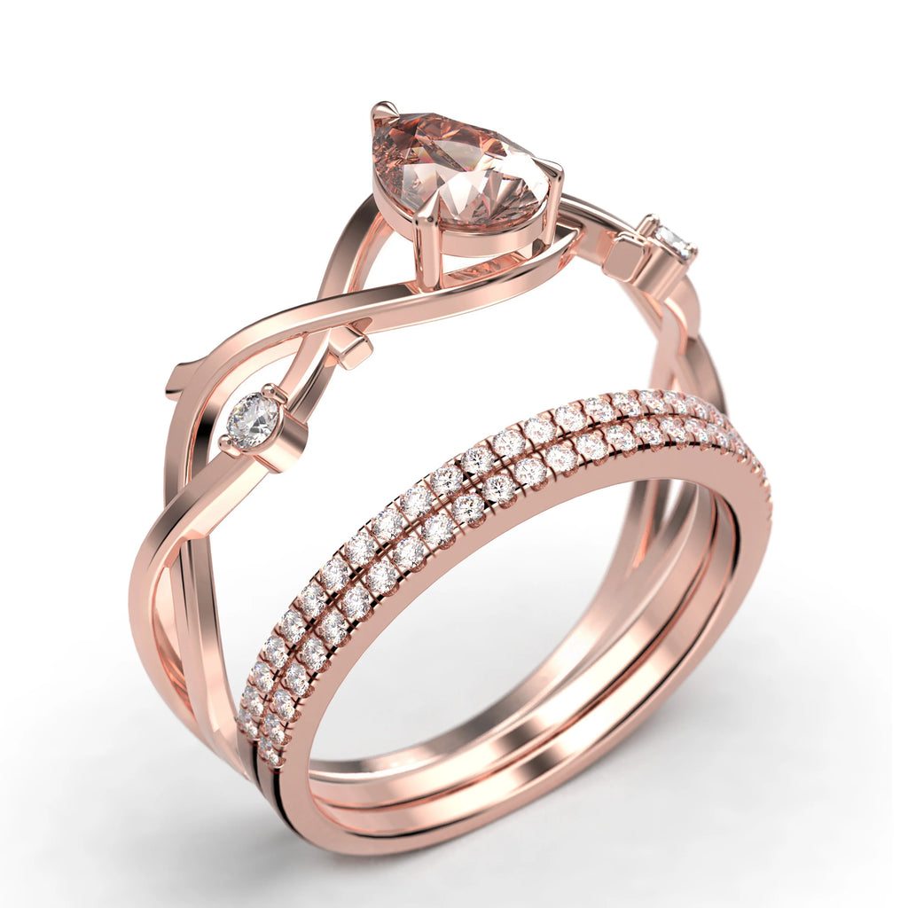 2.10 Carat Pear Cut Morganite And Diamond Moissanite Engagement Ring In 925 Sterling Silver With 18K Rose Gold Plating, Trio Ring Set G6619