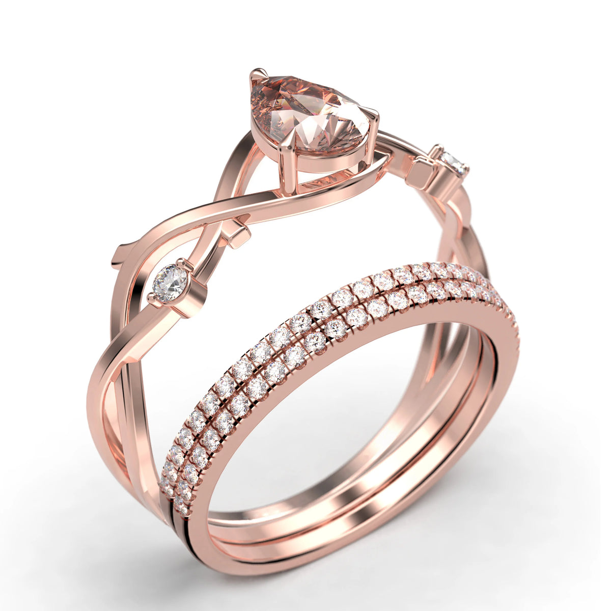 2.10 Carat Pear Cut Morganite And Diamond Moissanite Engagement Ring In 925 Sterling Silver With 18K Rose Gold Plating, Trio Ring Set G6619