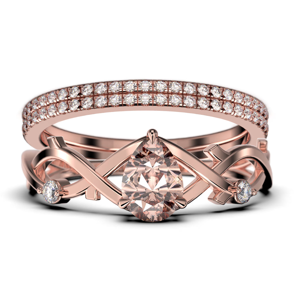 2.10 Carat Pear Cut Morganite And Diamond Moissanite Engagement Ring In 925 Sterling Silver With 18K Rose Gold Plating, Trio Ring Set G6619