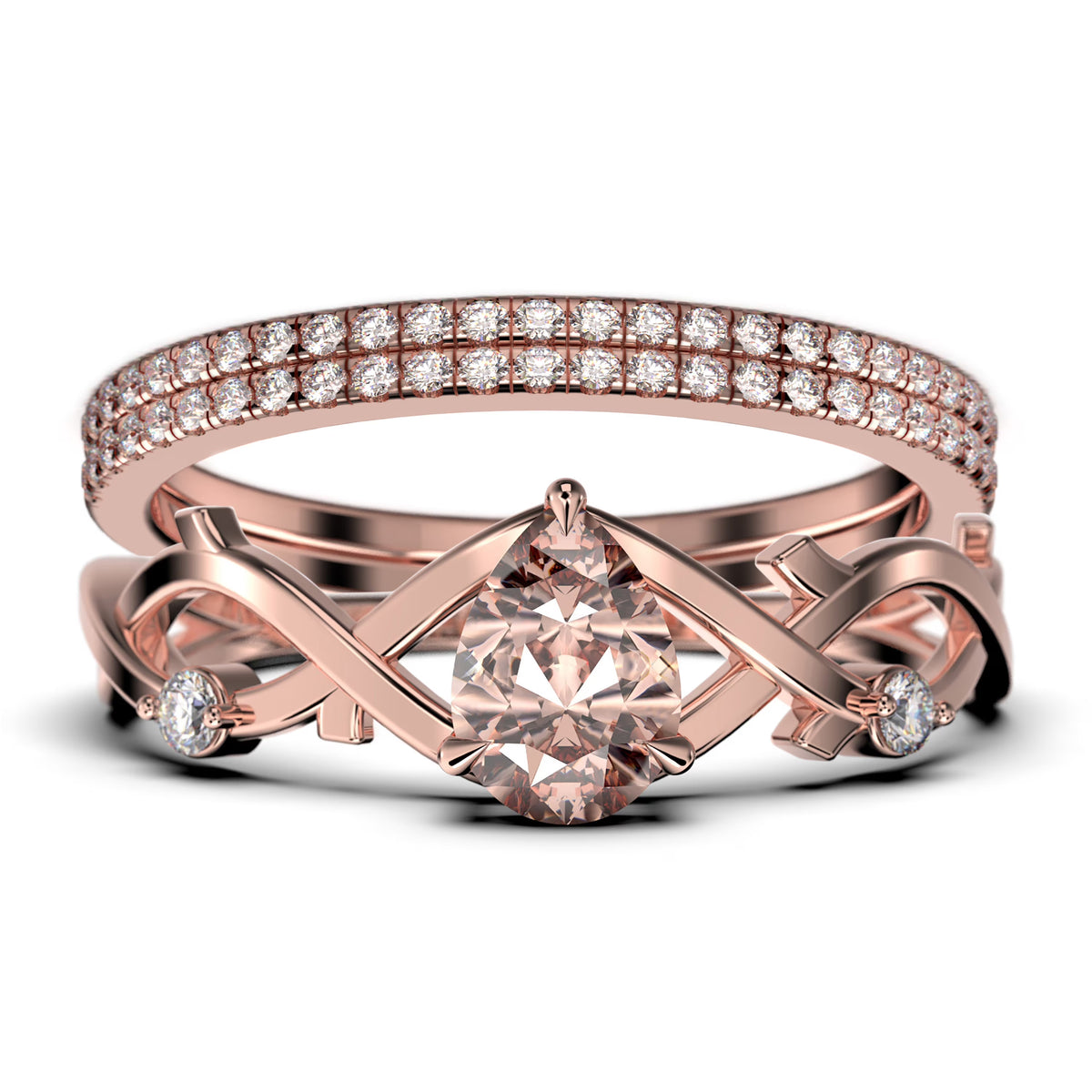 2.10 Carat Pear Cut Morganite And Diamond Moissanite Engagement Ring In 925 Sterling Silver With 18K Rose Gold Plating, Trio Ring Set G6619