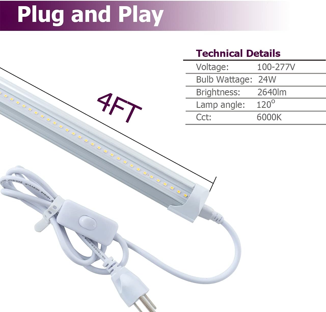 6 Pack 4FT 24W 6500K Cool White LED Shop Light with Plug Cable W698782